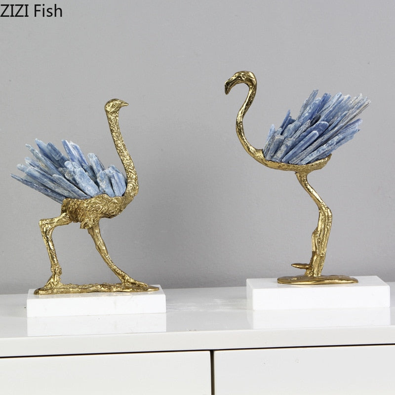 Blue Crystal Brass Ostrich Sculpture Ornaments  Abstract Crafts Living Room Furnishings Desk Decoration Creative Artwork Statue acacuss