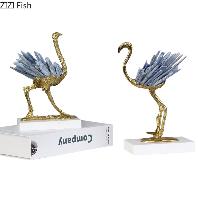 Blue Crystal Brass Ostrich Sculpture Ornaments  Abstract Crafts Living Room Furnishings Desk Decoration Creative Artwork Statue acacuss