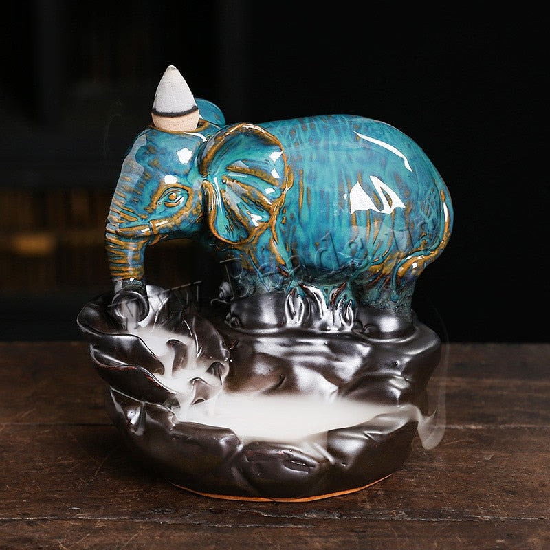Blue Elephant Backflow Incense Burner Handicrafts Ceramic Incense Censer Holder Home Ornament Smoke Waterfall Portable Censer acacuss