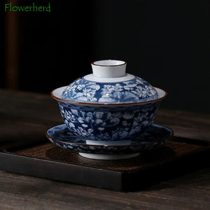 Blue and White Porcelain Gaiwan Teaware Teacup Kung Fu Tea Set Ceramic White Porcelain Tureen Gaiwan Handpainted Tea Sets China acacuss