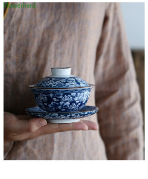 Blue and White Porcelain Gaiwan Teaware Teacup Kung Fu Tea Set Ceramic White Porcelain Tureen Gaiwan Handpainted Tea Sets China acacuss