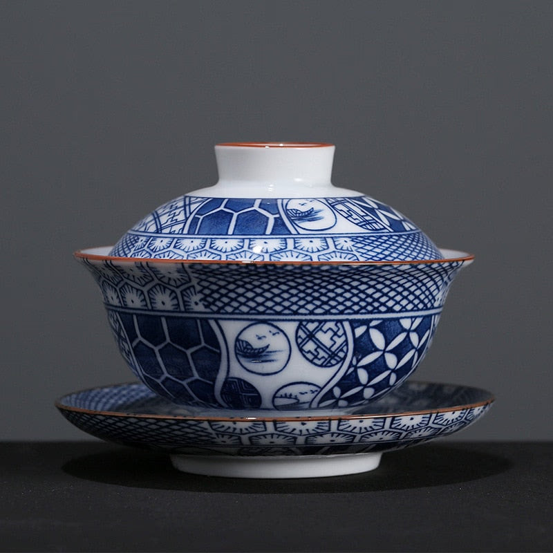 Blue and White Porcelain Gaiwan Teaware Teacup Kung Fu Tea Set Ceramic White Porcelain Tureen Gaiwan Handpainted Tea Sets China acacuss