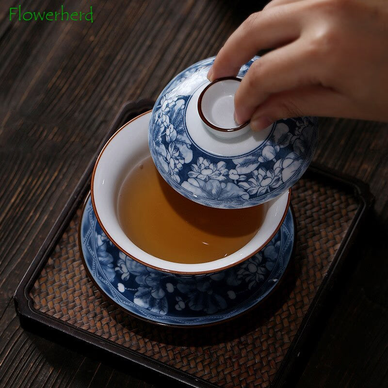 Blue and White Porcelain Gaiwan Teaware Teacup Kung Fu Tea Set Ceramic White Porcelain Tureen Gaiwan Handpainted Tea Sets China acacuss
