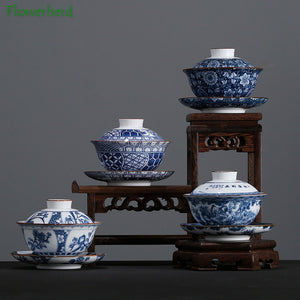 Blue and White Porcelain Gaiwan Teaware Teacup Kung Fu Tea Set Ceramic White Porcelain Tureen Gaiwan Handpainted Tea Sets China acacuss