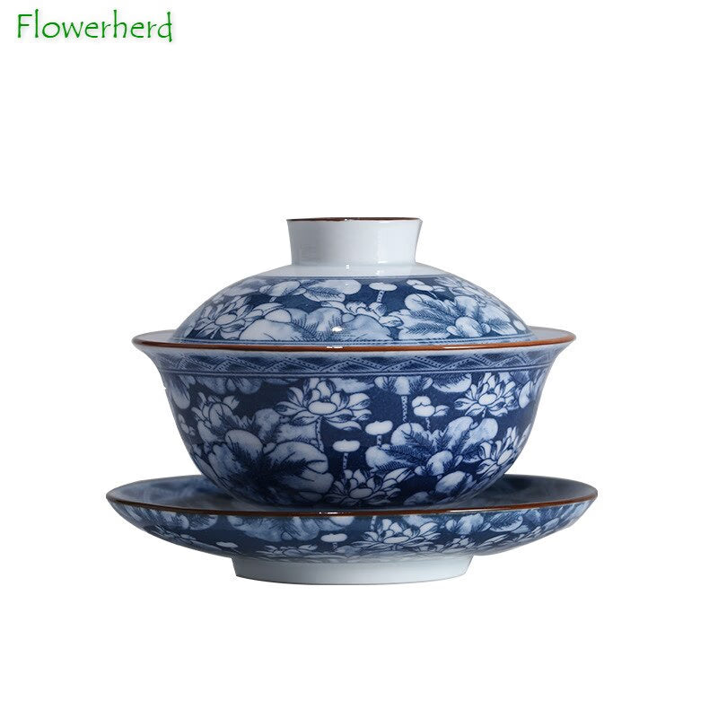Blue and White Porcelain Gaiwan Teaware Teacup Kung Fu Tea Set Ceramic White Porcelain Tureen Gaiwan Handpainted Tea Sets China acacuss
