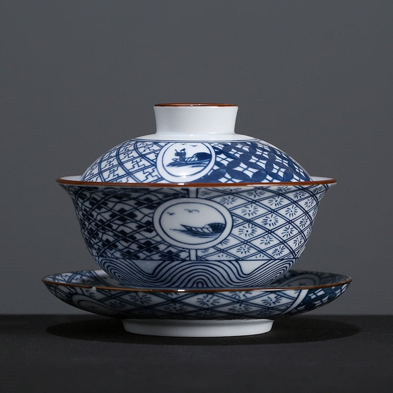 Blue and White Porcelain Gaiwan Teaware Teacup Kung Fu Tea Set Ceramic White Porcelain Tureen Gaiwan Handpainted Tea Sets China acacuss