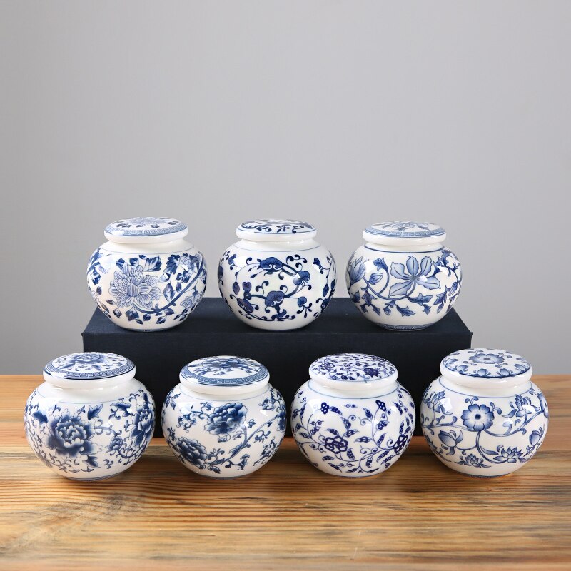 Blue and White Porcelain Tea Caddy Ceramic Storage Tank Moisture Proof Sealed Tank Small Tea Container Tea Box Candy Jar Tea Can acacuss