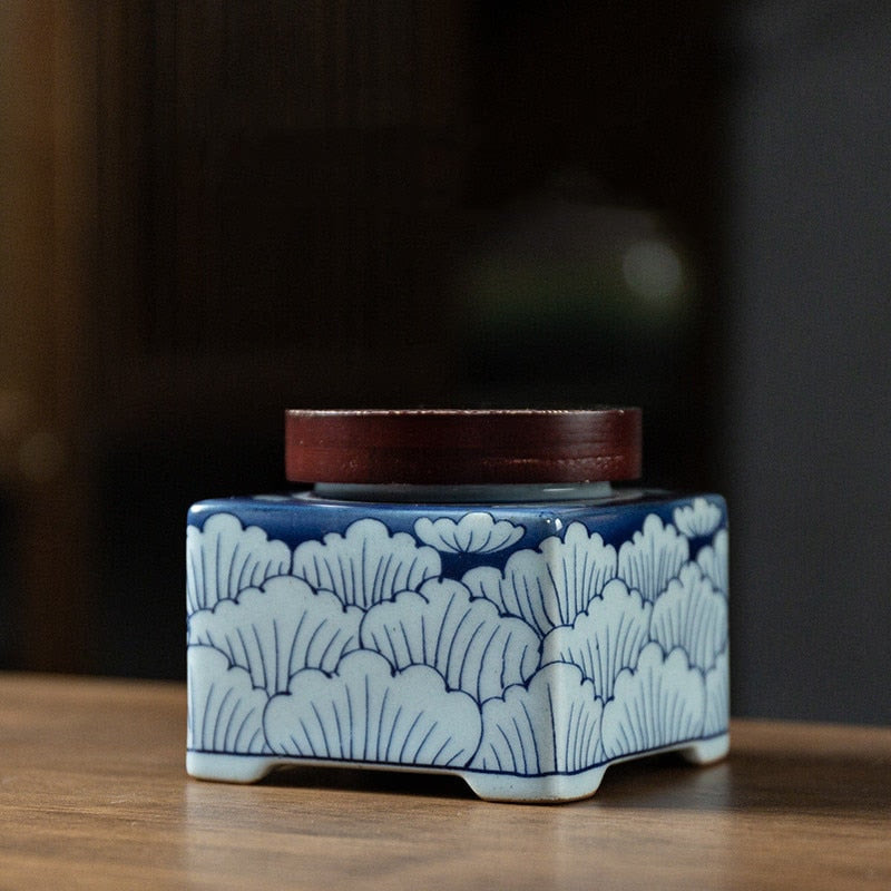Blue and White Tea Caddy Ceramic Airtight Jar Wooden Cover Moisture Proof Tea Box Tea Container Candy Jar Food Organizer Tea Can acacuss
