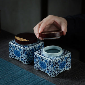 Blue and White Tea Caddy Ceramic Airtight Jar Wooden Cover Moisture Proof Tea Box Tea Container Candy Jar Food Organizer Tea Can acacuss