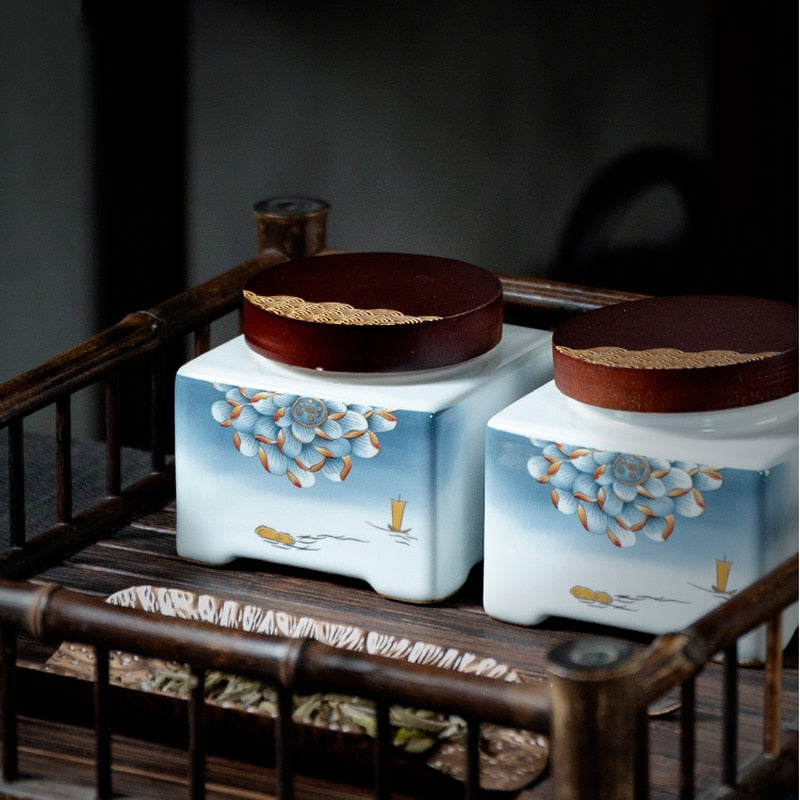 Blue and White Tea Caddy Ceramic Airtight Jar Wooden Cover Moisture Proof Tea Box Tea Container Candy Jar Food Organizer Tea Can acacuss
