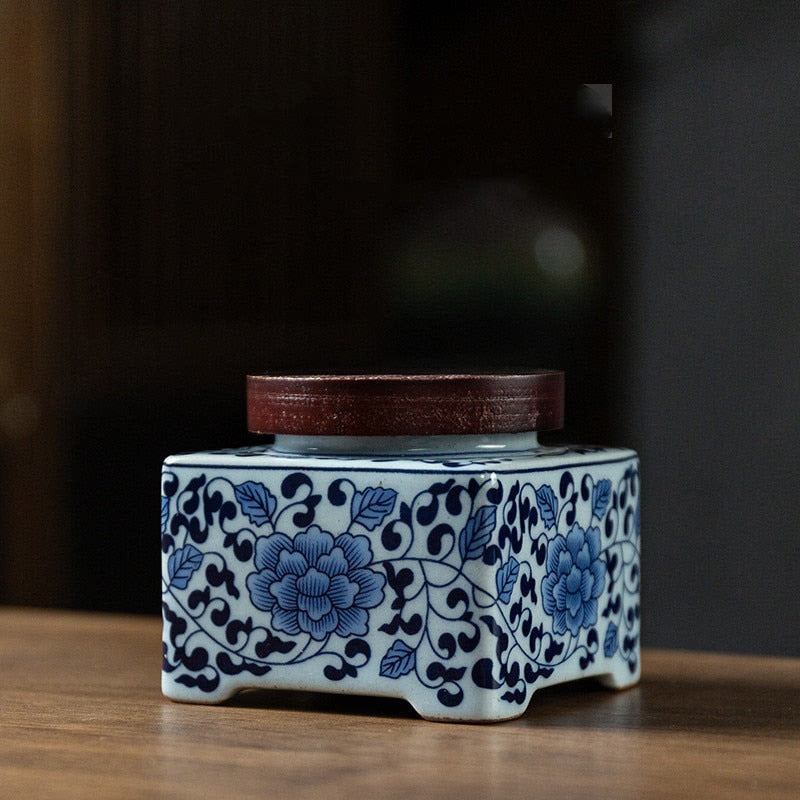 Blue and White Tea Caddy Ceramic Airtight Jar Wooden Cover Moisture Proof Tea Box Tea Container Candy Jar Food Organizer Tea Can acacuss