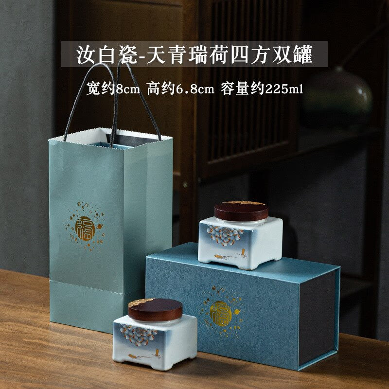 Blue and White Tea Caddy Ceramic Airtight Jar Wooden Cover Moisture Proof Tea Box Tea Container Candy Jar Food Organizer Tea Can acacuss