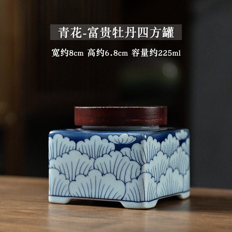 Blue and White Tea Caddy Ceramic Airtight Jar Wooden Cover Moisture Proof Tea Box Tea Container Candy Jar Food Organizer Tea Can acacuss