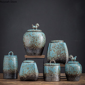 Blue stoneware tea caddy sealed cans large cans acacuss