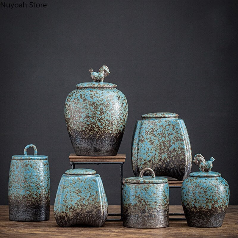 Blue stoneware tea caddy sealed cans large cans acacuss