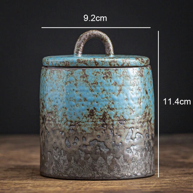 Blue stoneware tea caddy sealed cans large cans acacuss