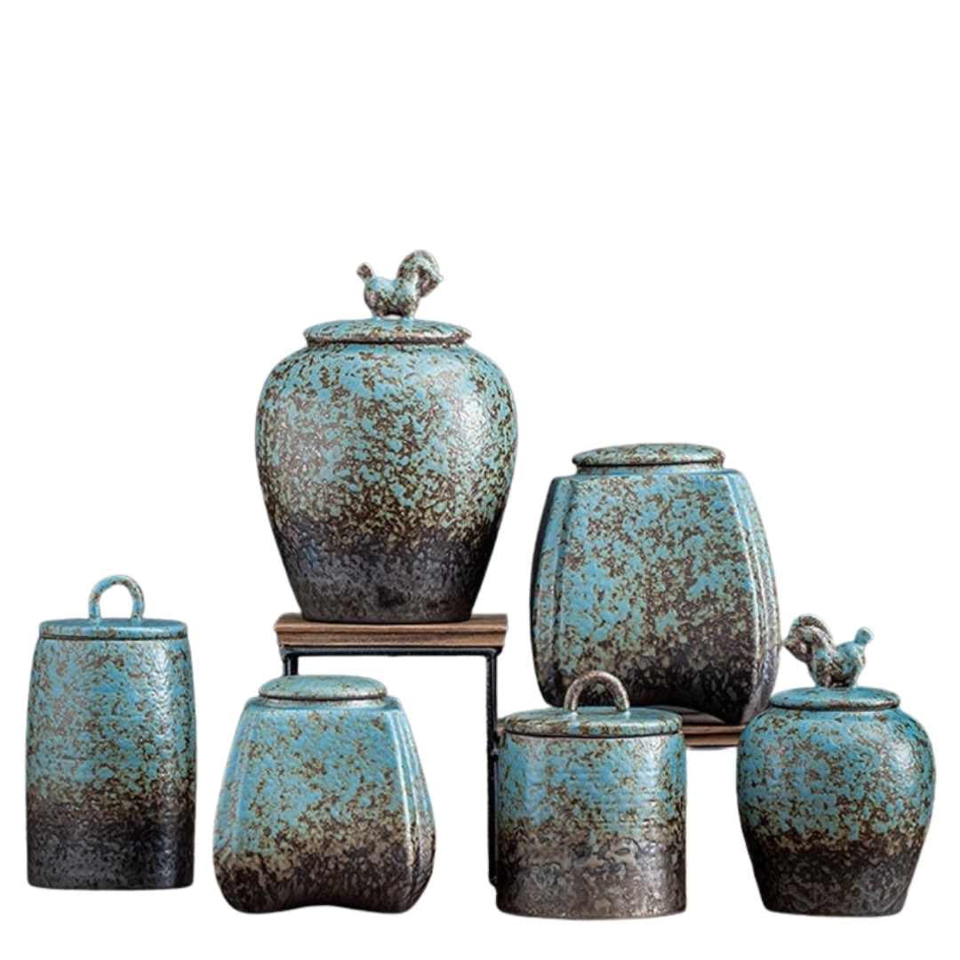 Blue stoneware tea caddy sealed cans large cans acacuss