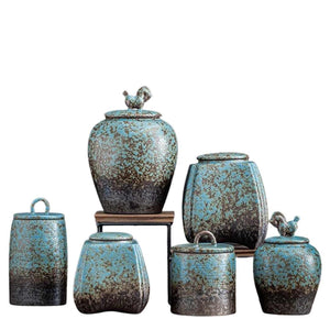 Blue stoneware tea caddy sealed cans large cans acacuss
