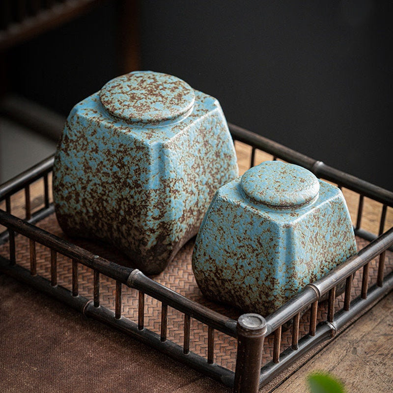 Blue stoneware tea caddy sealed cans large cans acacuss
