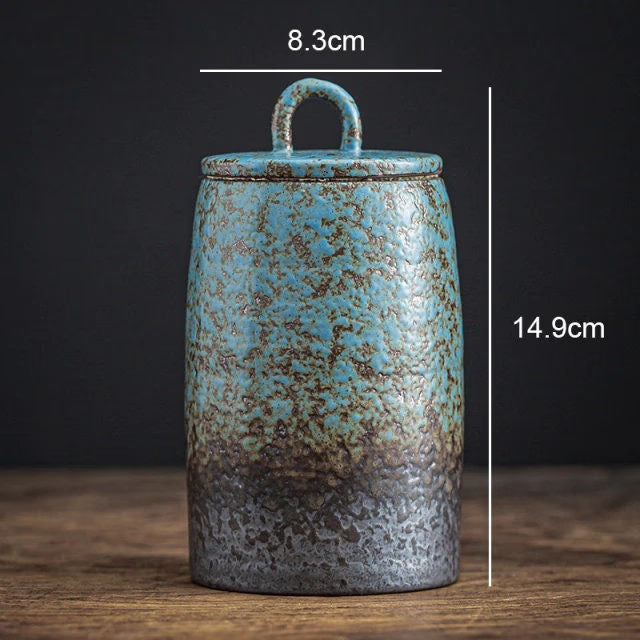 Blue stoneware tea caddy sealed cans large cans acacuss