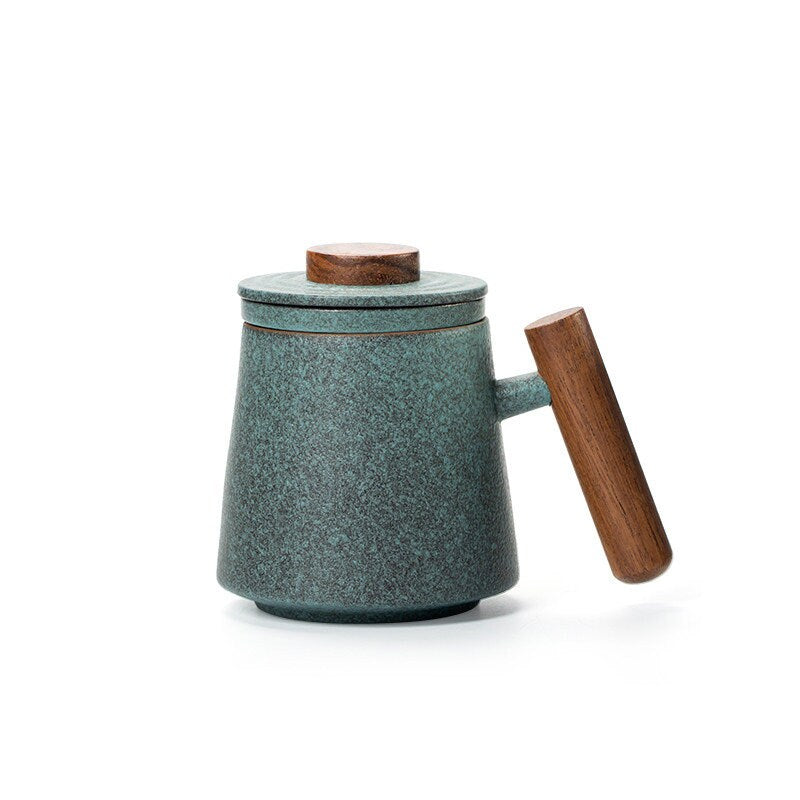 Bluestone Glazed Wooden Handle Mug Large TEA-Ceramic Tea Mugs with Filters Coffee Mugs Drinkware 320ml acacuss