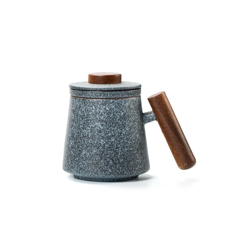 Bluestone Glazed Wooden Handle Mug Large TEA-Ceramic Tea Mugs with Filters Coffee Mugs Drinkware 320ml acacuss