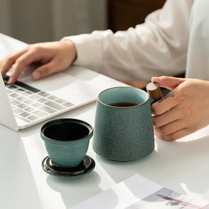 Bluestone Glazed Wooden Handle Mug Large TEA-Ceramic Tea Mugs with Filters Coffee Mugs Drinkware 320ml acacuss