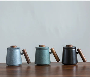 Bluestone Glazed Wooden Handle Mug Large TEA-Ceramic Tea Mugs with Filters Coffee Mugs Drinkware 320ml acacuss