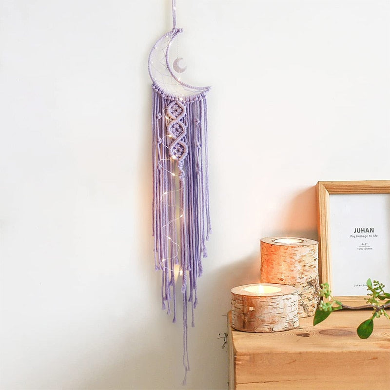 Bohemian Moon Dream Catcher With Light or Without Light,Tassel Macrame Dreamcatcher Gifts for Girl,Wall Hanging Home Decor acacuss