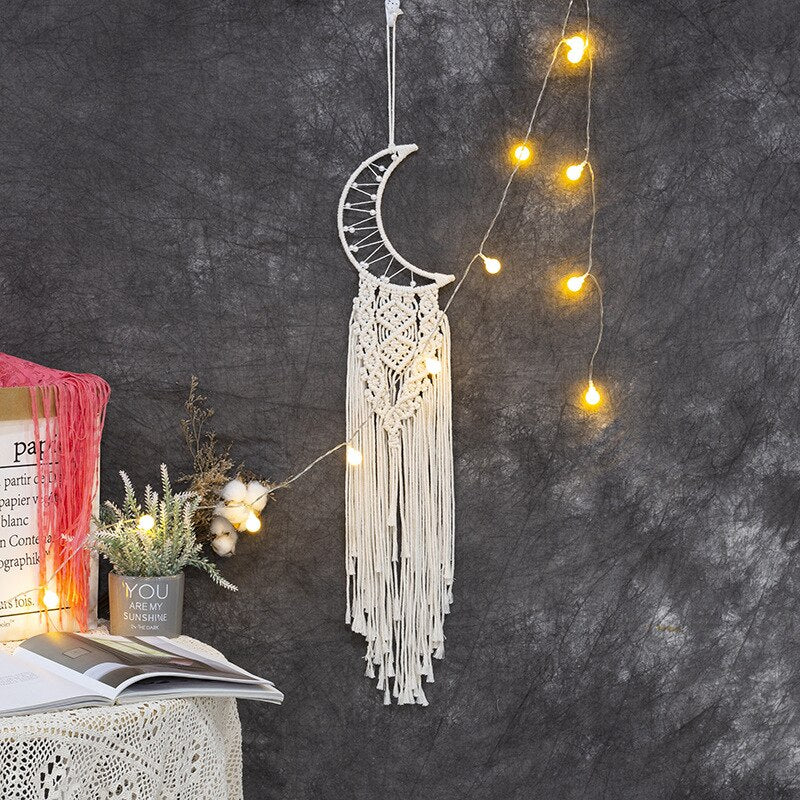 Bohemian Moon Dream Catcher With Light or Without Light,Tassel Macrame Dreamcatcher Gifts for Girl,Wall Hanging Home Decor acacuss