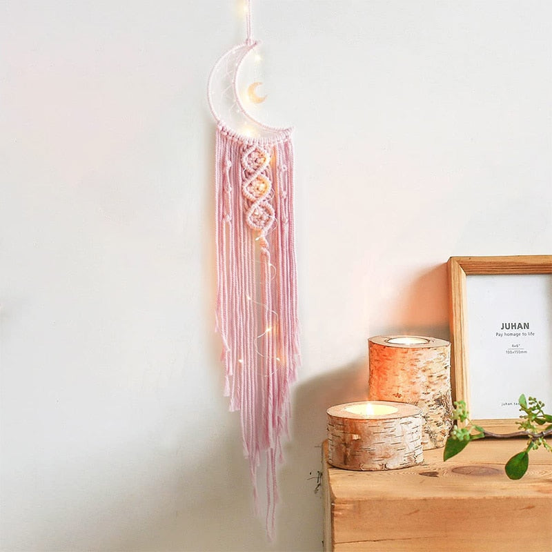 Bohemian Moon Dream Catcher With Light or Without Light,Tassel Macrame Dreamcatcher Gifts for Girl,Wall Hanging Home Decor acacuss
