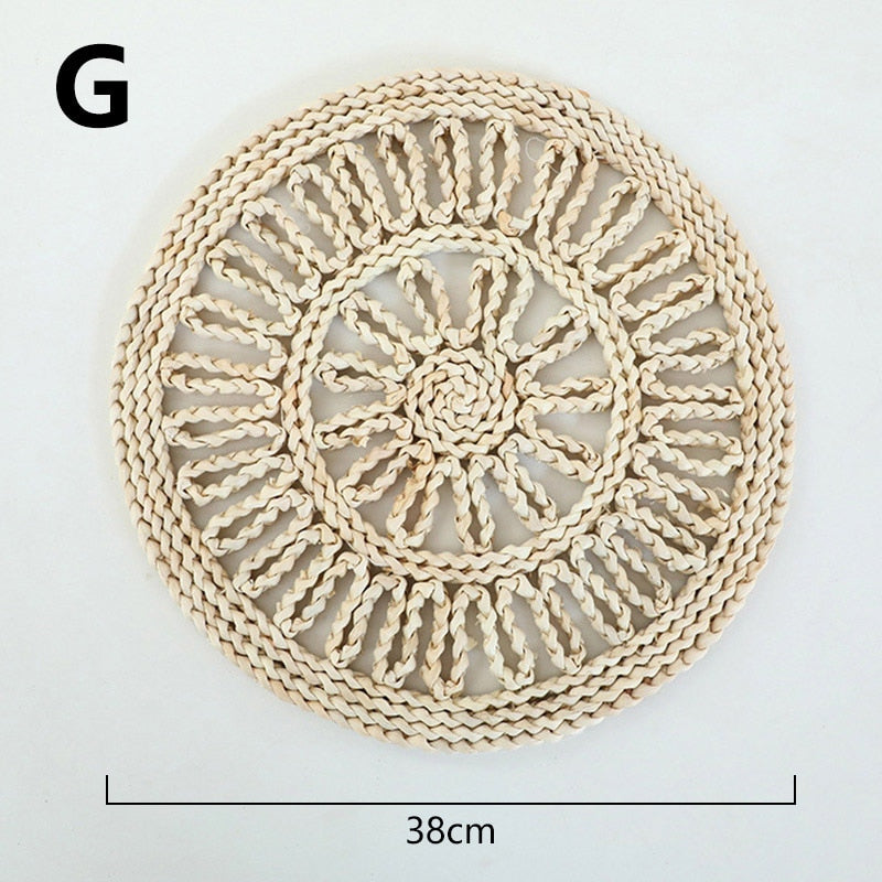 Boho Handmade Woven Straw Wall Decor Moroccan Hanging Ornament Round Nordic Placemat Home Living Room Background Decoration acacuss