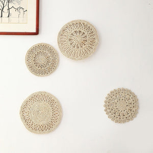 Boho Handmade Woven Straw Wall Decor Moroccan Hanging Ornament Round Nordic Placemat Home Living Room Background Decoration acacuss