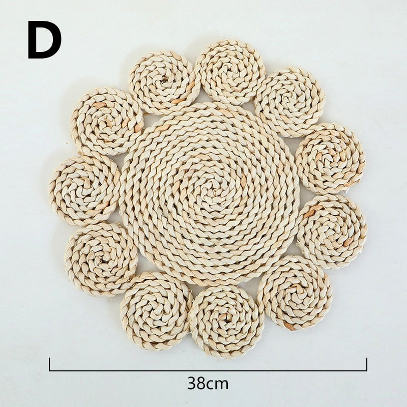Boho Handmade Woven Straw Wall Decor Moroccan Hanging Ornament Round Nordic Placemat Home Living Room Background Decoration acacuss