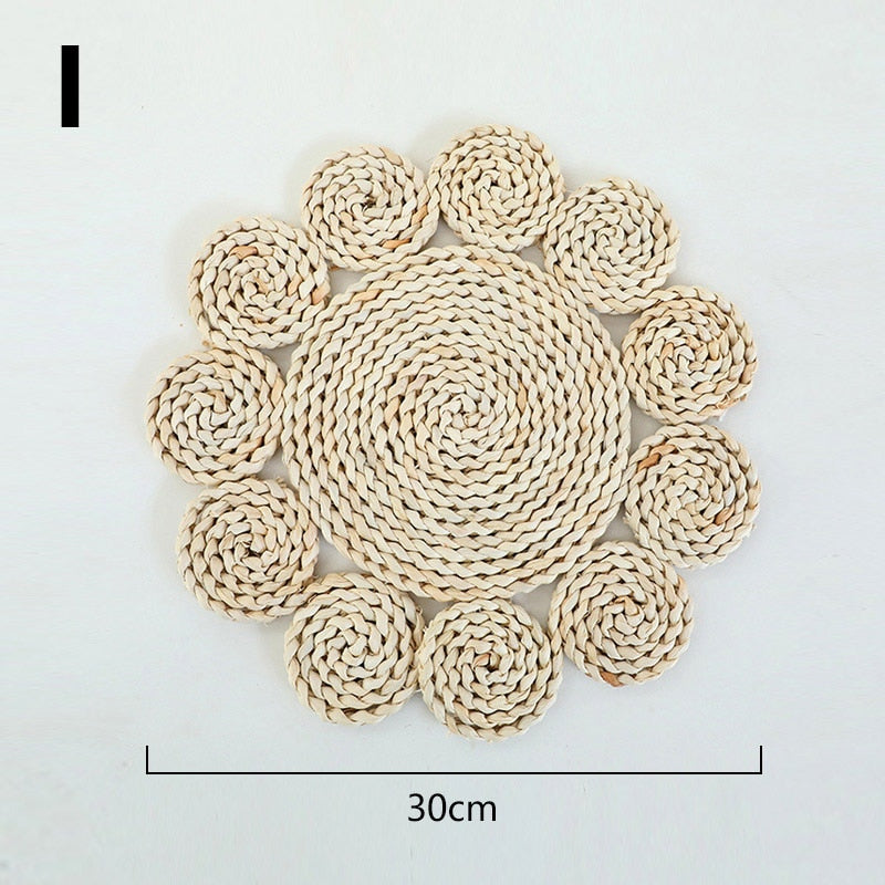 Boho Handmade Woven Straw Wall Decor Moroccan Hanging Ornament Round Nordic Placemat Home Living Room Background Decoration acacuss