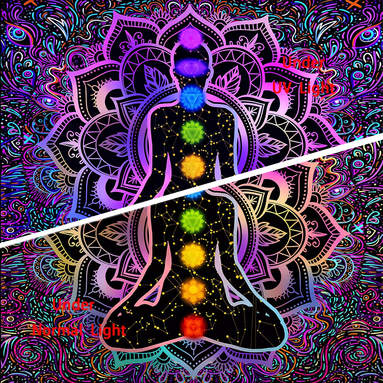 Boho Indian Buddha Statue Blacklight Tapestry Uv Reactive Seven Chakra Black Light Tapestries Yoga Meditation Wall Hanging Cloth acacuss