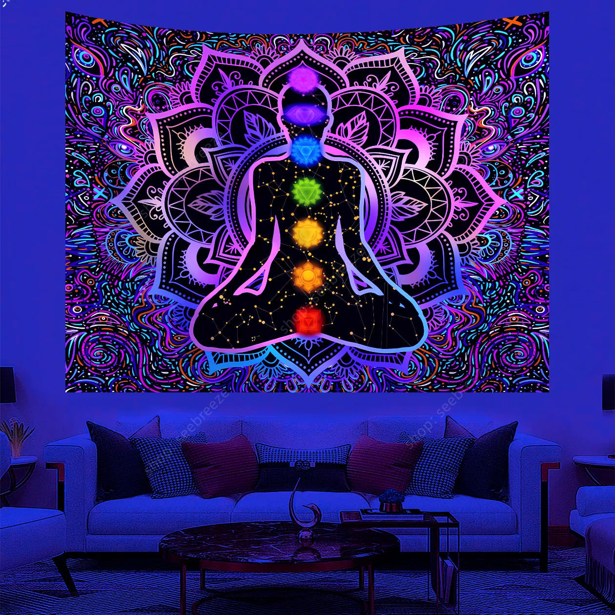 Boho Indian Buddha Statue Blacklight Tapestry Uv Reactive Seven