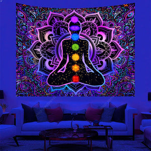Boho Indian Buddha Statue Blacklight Tapestry Uv Reactive Seven Chakra Black Light Tapestries Yoga Meditation Wall Hanging Cloth acacuss