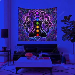 Boho Indian Buddha Statue Blacklight Tapestry Uv Reactive Seven Chakra Black Light Tapestries Yoga Meditation Wall Hanging Cloth acacuss