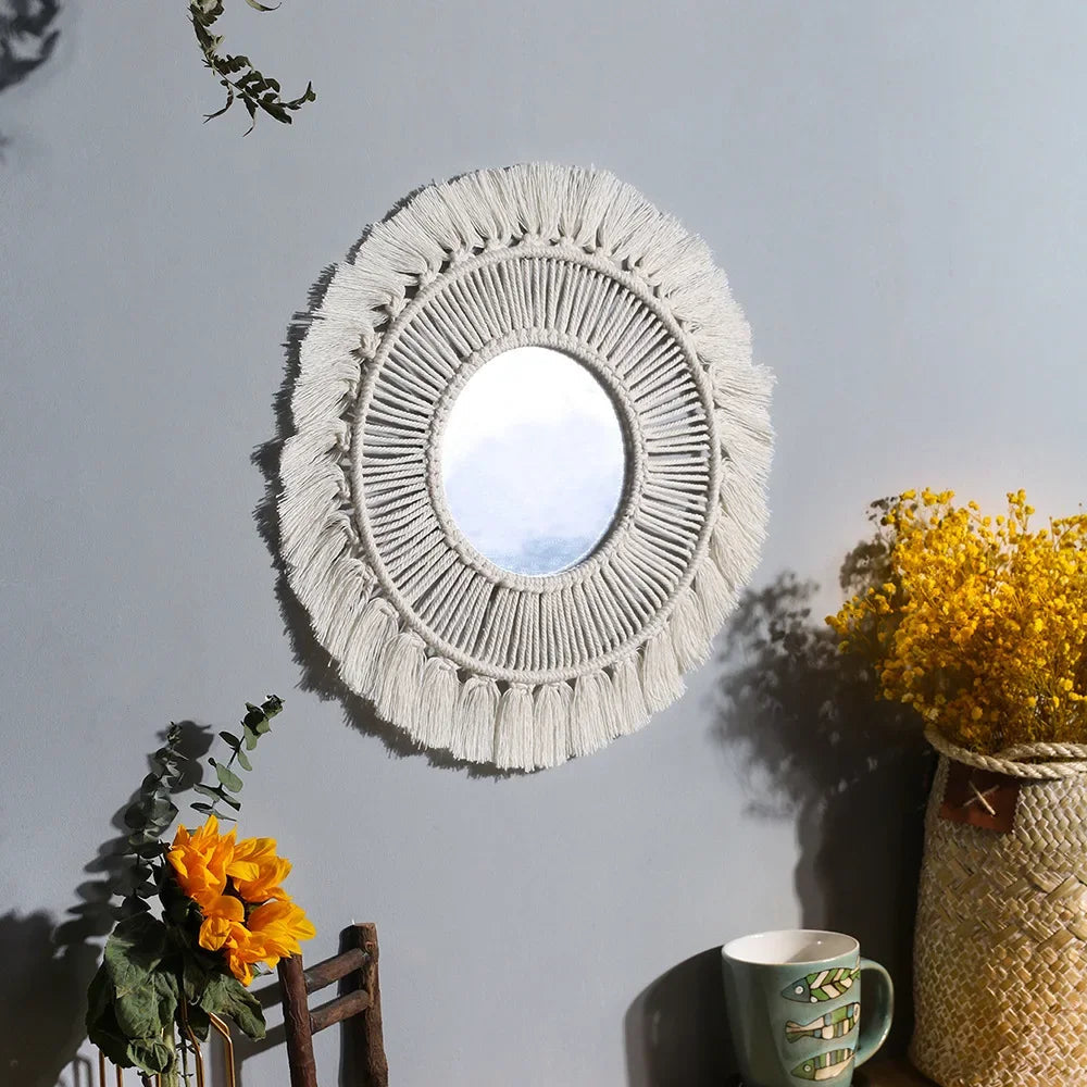 Boho Woven Mirror Leaf Feather Living Room Bedroom Wall Hanging Porch Decor looking glass Hand Woven Tapestry Mirror Decor Room acacuss