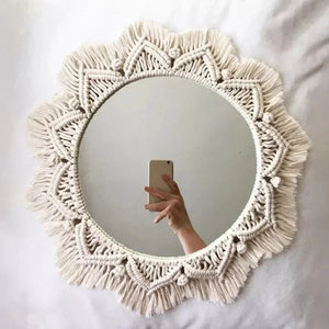 Boho Woven Mirror Leaf Feather Living Room Bedroom Wall Hanging Porch Decor looking glass Hand Woven Tapestry Mirror Decor Room acacuss