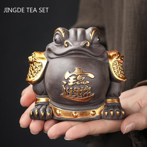 Boutique Purple Clay Tea Pet Decoration Lucky Toad Tea Figurine Ornaments Tea Set Accessories Home Fengshui Sculpture Crafts acacuss