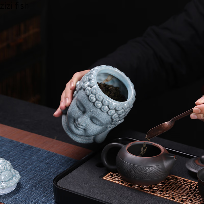 Buddha Ceramic Tea Jar Tea Caddy Storage Tank Sealed Tank Tea Container Candy Jar Food Organizer Tea Box Storage Box Tea Can acacuss
