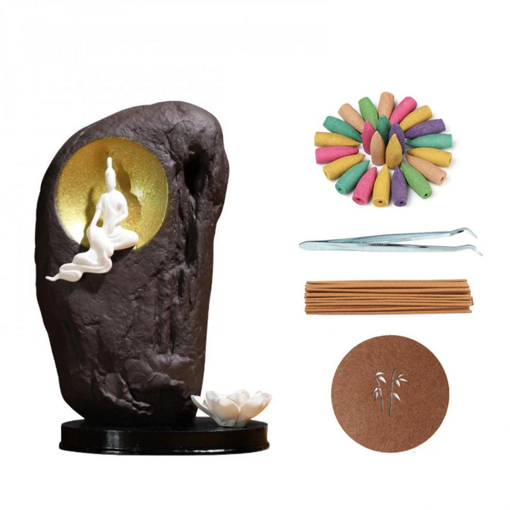 Buddha Sculpture Backflow Incense Burner Smoke Waterfall Ceramic Incense Sticks Holder With 20 Pcs Cones 30 Pcs Stick Ornaments acacuss