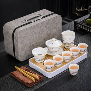 Business Gift Tea Set Sheep Grease Jade Ceramic Teaware Kung Fu Tea Set Travel Bag Tea Tray Tea Towel Tea Clip Set of Tea Set acacuss