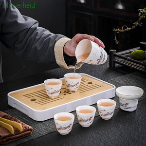 Business Gift Tea Set Sheep Grease Jade Ceramic Teaware Kung Fu Tea Set Travel Bag Tea Tray Tea Towel Tea Clip Set of Tea Set acacuss