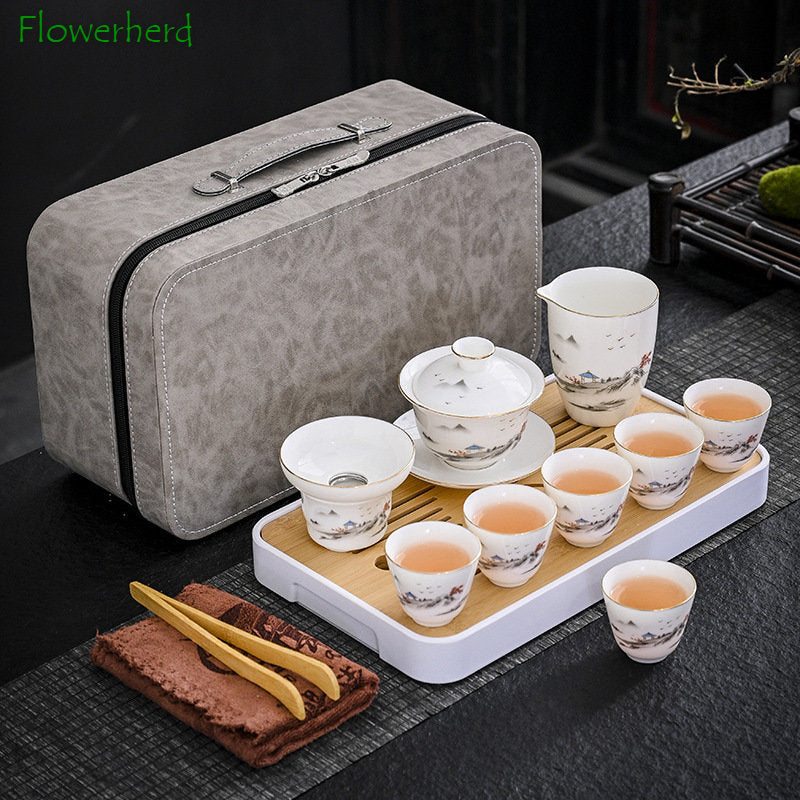 Business Gift Tea Set Sheep Grease Jade Ceramic Teaware Kung Fu Tea Set Travel Bag Tea Tray Tea Towel Tea Clip Set of Tea Set acacuss