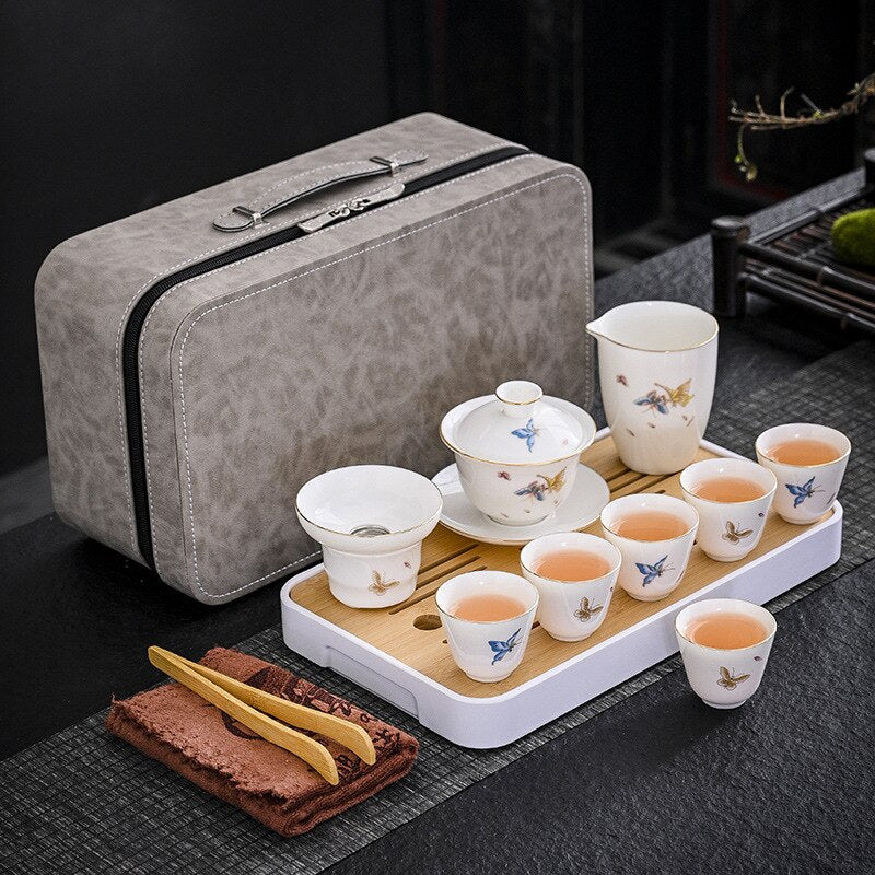 Business Gift Tea Set Sheep Grease Jade Ceramic Teaware Kung Fu Tea Set Travel Bag Tea Tray Tea Towel Tea Clip Set of Tea Set acacuss