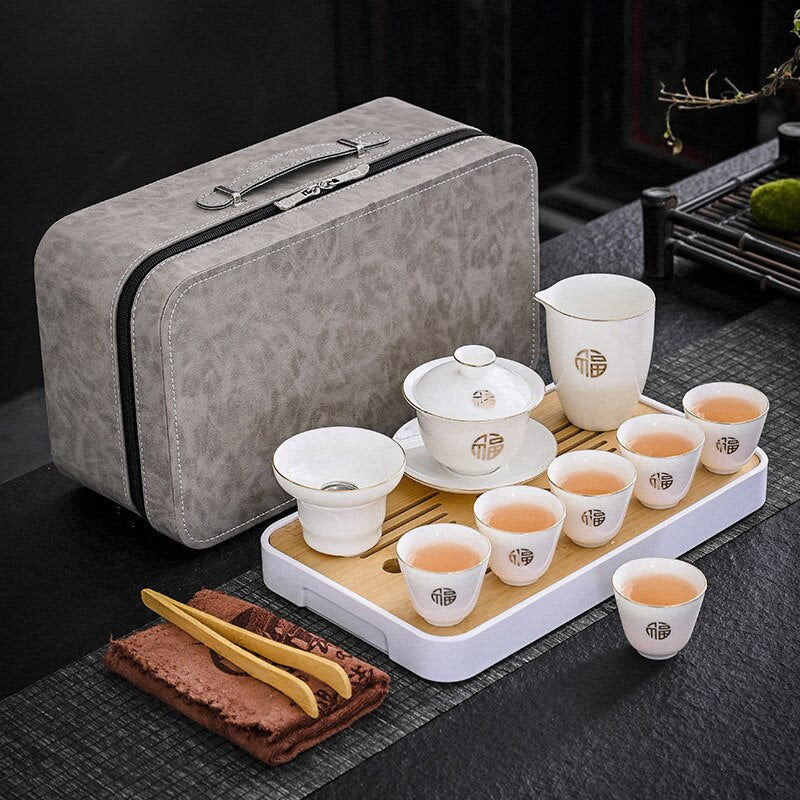 Business Gift Tea Set Sheep Grease Jade Ceramic Teaware Kung Fu Tea Set Travel Bag Tea Tray Tea Towel Tea Clip Set of Tea Set acacuss