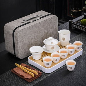 Business Gift Tea Set Sheep Grease Jade Ceramic Teaware Kung Fu Tea Set Travel Bag Tea Tray Tea Towel Tea Clip Set of Tea Set acacuss